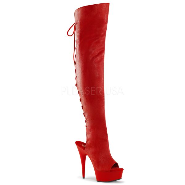 High Heel Overknee Plateau Stiefel Kunstleder rot mit Schnürung hinten, offener Fersen-und Zehenbereich DELIGHT-3019
